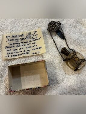 Antique Glass Perfume Bottle w/ clip for lapel silver plate Filigree